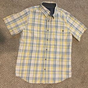 Marmot Mens Plaid Short Sleeve Button Up Shirt Yellow Blue Size Medium EUC